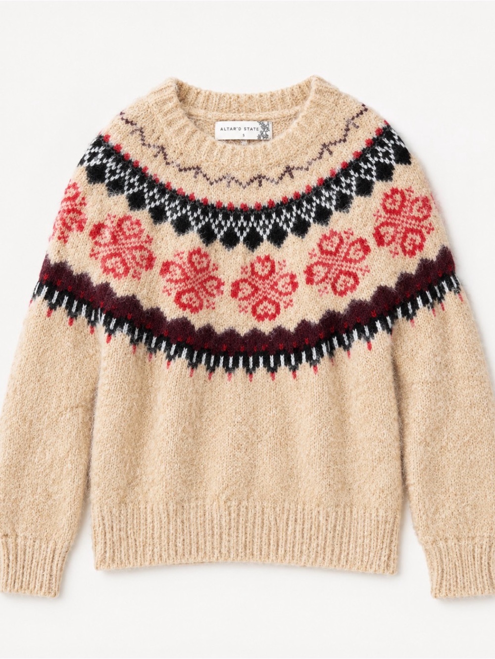 Altar'd State Fair Isle Cream Nordic Yoke Sweater with Pink and Black Accents